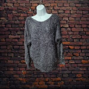Grace & Lace Fuzzy Knit Sweater Womens Small Gray Soft Pullover V Neck